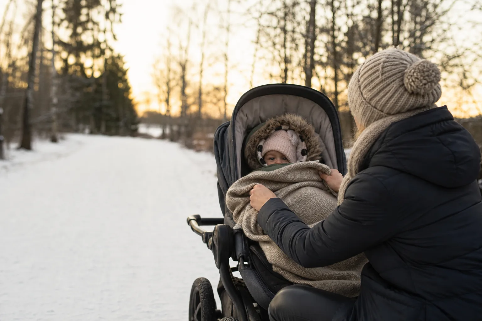 Barnvagn med åkpåse i snön