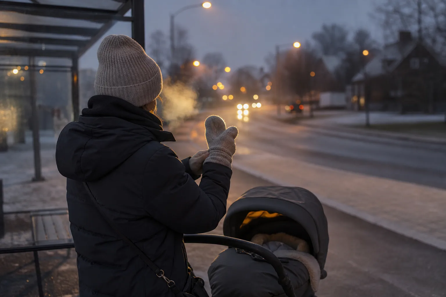 Vintermorgon vid busshållplatsen