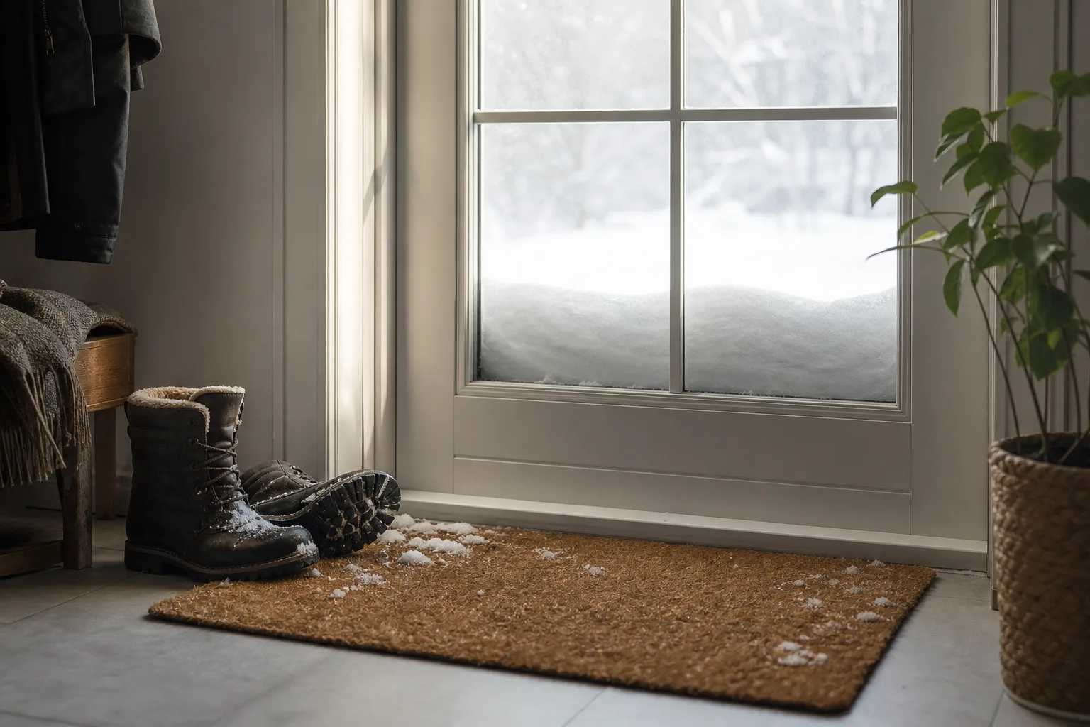 Stängd ytterdörr med snö