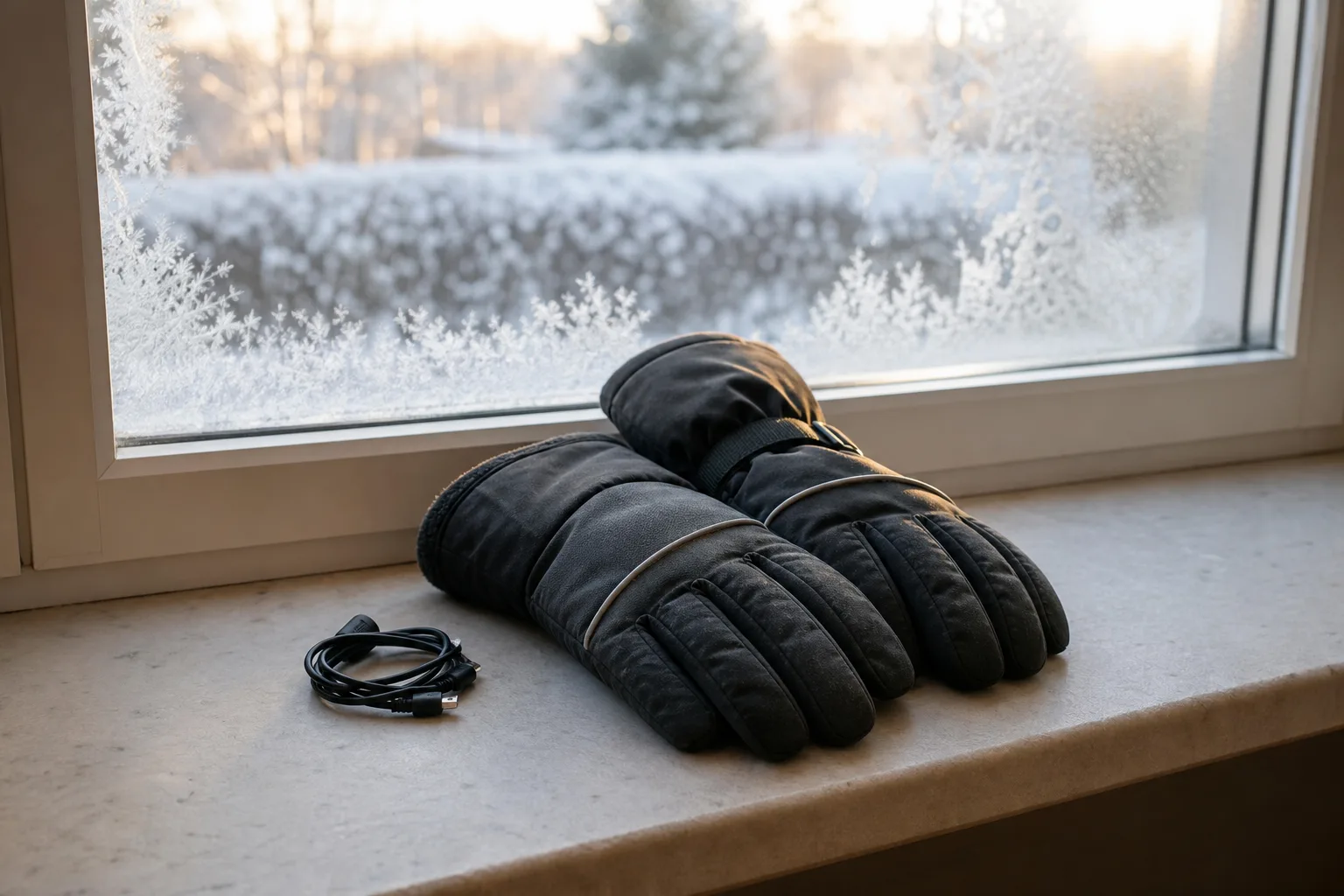 Fodrade vinterhandskar på fönsterbrädan