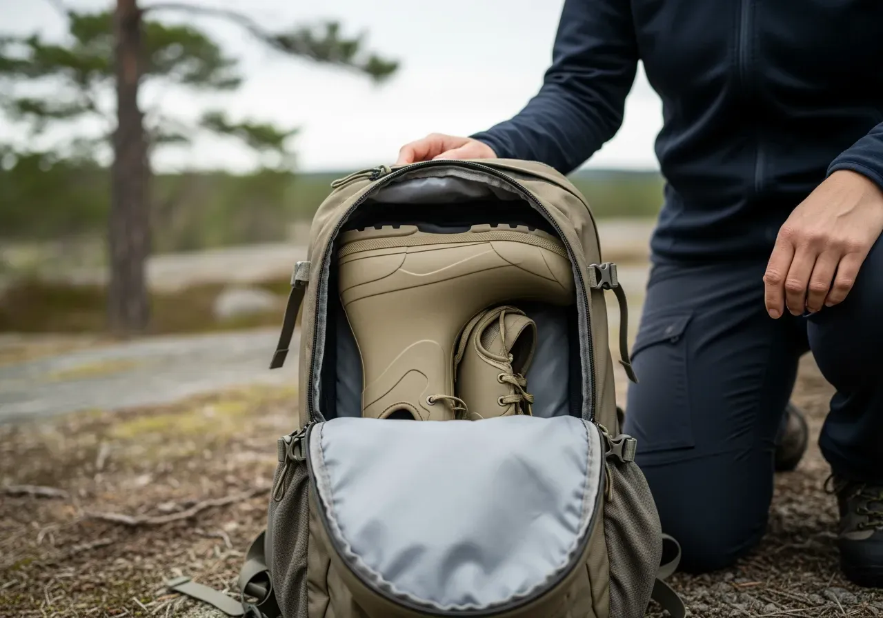 Packbar ofodrad gummistövel i ryggsäck