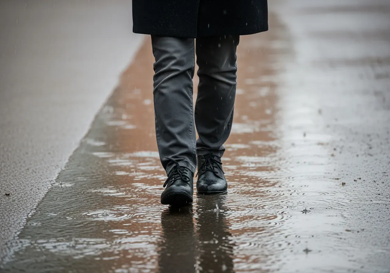 Skor och kvinna i regn